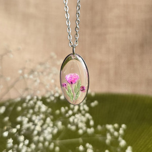 Srebrna zawieszka srebrny wisiorek naszyjnik żywica z żywicy kwiaty z kwiatami jajowata retro naturalna dziewczęca kobieca gipsówka