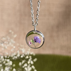 Srebrna zawieszka srebrny wisiorek naszyjnik żywica z żywicy kwiaty z kwiatami retro naturalna dziewczęca kobieca gipsówka