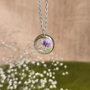 Srebrna zawieszka srebrny wisiorek naszyjnik żywica z żywicy kwiaty z kwiatami retro naturalna dziewczęca kobieca gipsówka