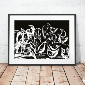 30x40 plakat z ptakami, czarno biały plakat z ptaszkami, minimalizm plakat A3, skandynawski plakat na ścianę, nowoczesny plakat do domu