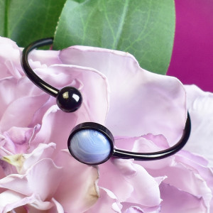 Elastyczna elegancka stalowa czarna bransoletka - agat pasiasty #68