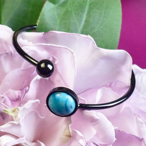 Elastyczna elegancka stalowa czarna bransoletka - jaspis niebieski #69