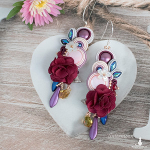 Bordowe kolczyki sutasz z kwiatkami Burgundy Flowers