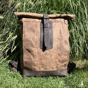 Duży brązowy rolowany plecak z bawełny woskowanej i skóry Vintage.