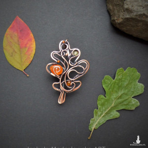 Miedziana broszka liść dębu