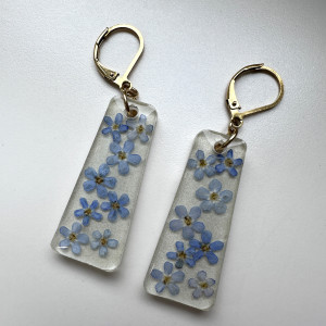 Kolczyki z suszoną niezapominajką 3,5 cm x 1,5 stal szlachetna/nierdzewna pozłacana