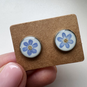 Kolczyki wkrętki z suszoną niezapominajką ,  stal szlachetna/nierdzewna
