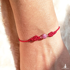 SUPER PEŁNIA turmalin w makramie misterna bransoletka czerwony sznurek mikro makrama