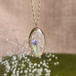Złota zawieszka złoty wisiorek naszyjnik żywica z żywicy kwiaty z kwiatami jajowata retro naturalna dziewczęca kobieca fioletowa
