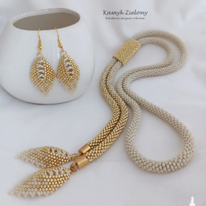 Komplet - naszyjnik z opaską, bransoletka i kolczyki, beżowo-złoty - stal szlachetna