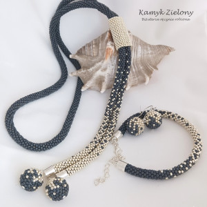 Szaro-srebrny komplet - naszyjnik z opaską, bransoletka i kolczyki