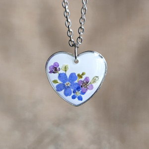 Srebrna zawieszka srebrny wisiorek kwiat naszyjnik żywica z żywicy kwiaty z kwiatami serce serduszko niezapominajki kwiatowy bukiet łąka kwiatowa