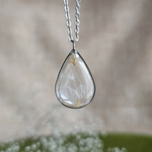 Srebrna łezka zawieszka srebrny wisiorek kwiat naszyjnik żywica z żywicy suszone kwiaty z kwiatami naturalne kobieca dziewczęca dmuchawiec