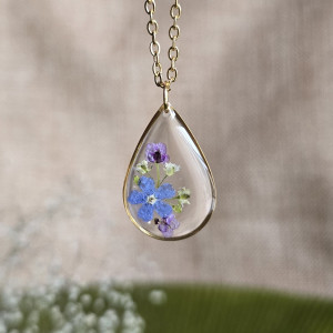 Bukiet kwiatowy łąka Złota zawieszka złoty wisiorek kwiat naszyjnik żywica z żywicy kwiaty łezka łza niezapominajki