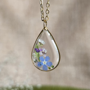 Bukiet kwiatowy łąka Złota zawieszka złoty wisiorek kwiat naszyjnik żywica z żywicy kwiaty łezka łza niezapominajki