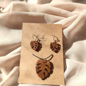 Kolczyki liść liście monstery monstera + zawieczka kolor orzech HANDMADE