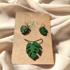 Kolczyki liść liście monstery monstera + zawieczka kolor zielony HANDMADE