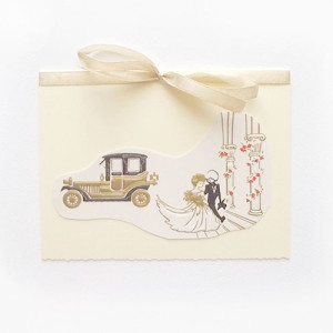 kremowa kartka na ślub, ślub kartka bez życzeń, ecru kartka z okazji ślubu, ślubna kartka z Młodą Parą, podziękowanie dla gości, ślubna kartka pastelowa