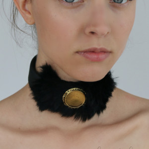 czarny CHOKER skóra naturalna naszyjnik futro broszka vintage Glamrock