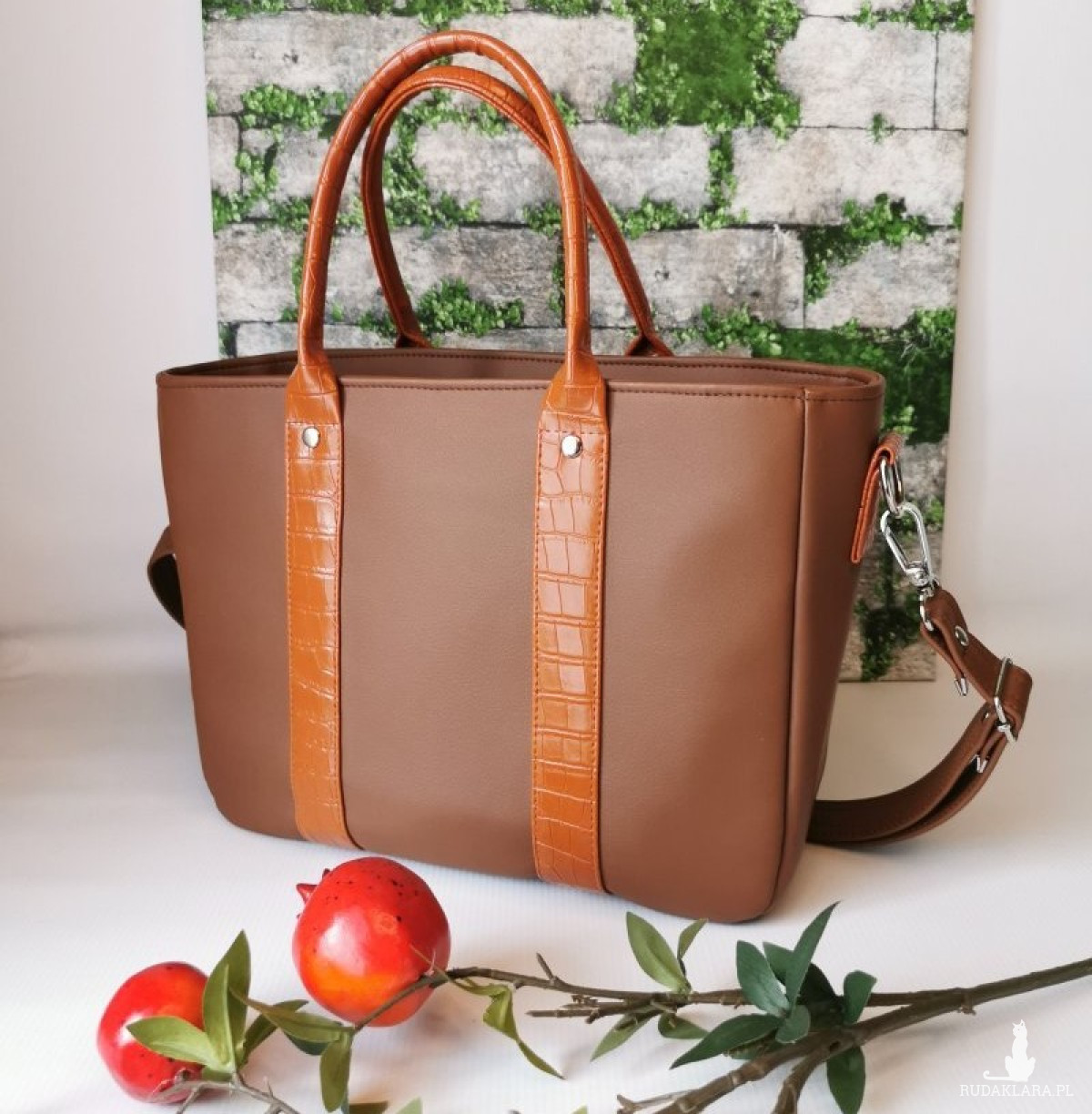 Torebka damska Sara na ramię shopper - brązowa ekoskóra