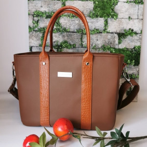 Torebka damska Sara na ramię shopper - brązowa ekoskóra