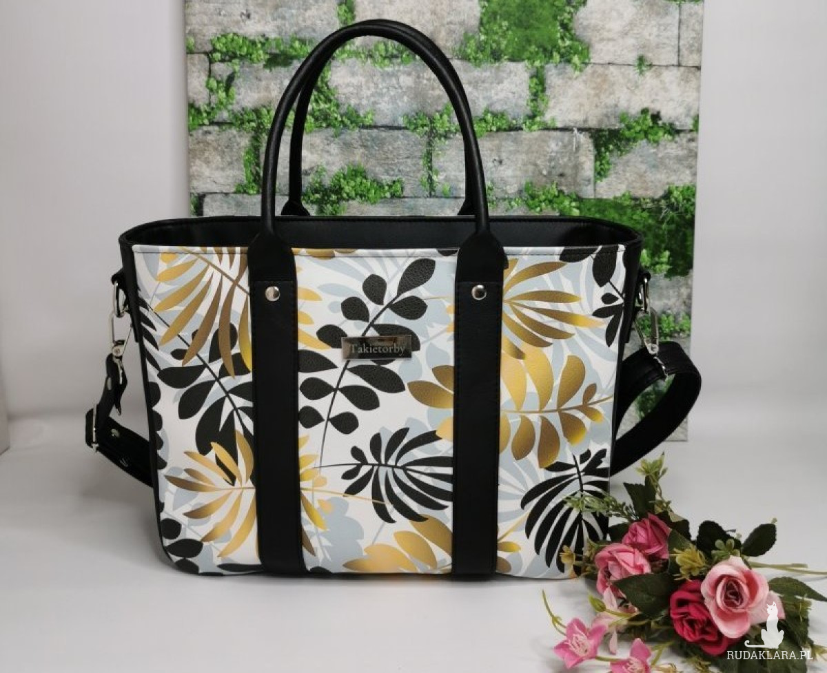 Torebka damska Sara na ramię shopper - ekoskóra złote liście