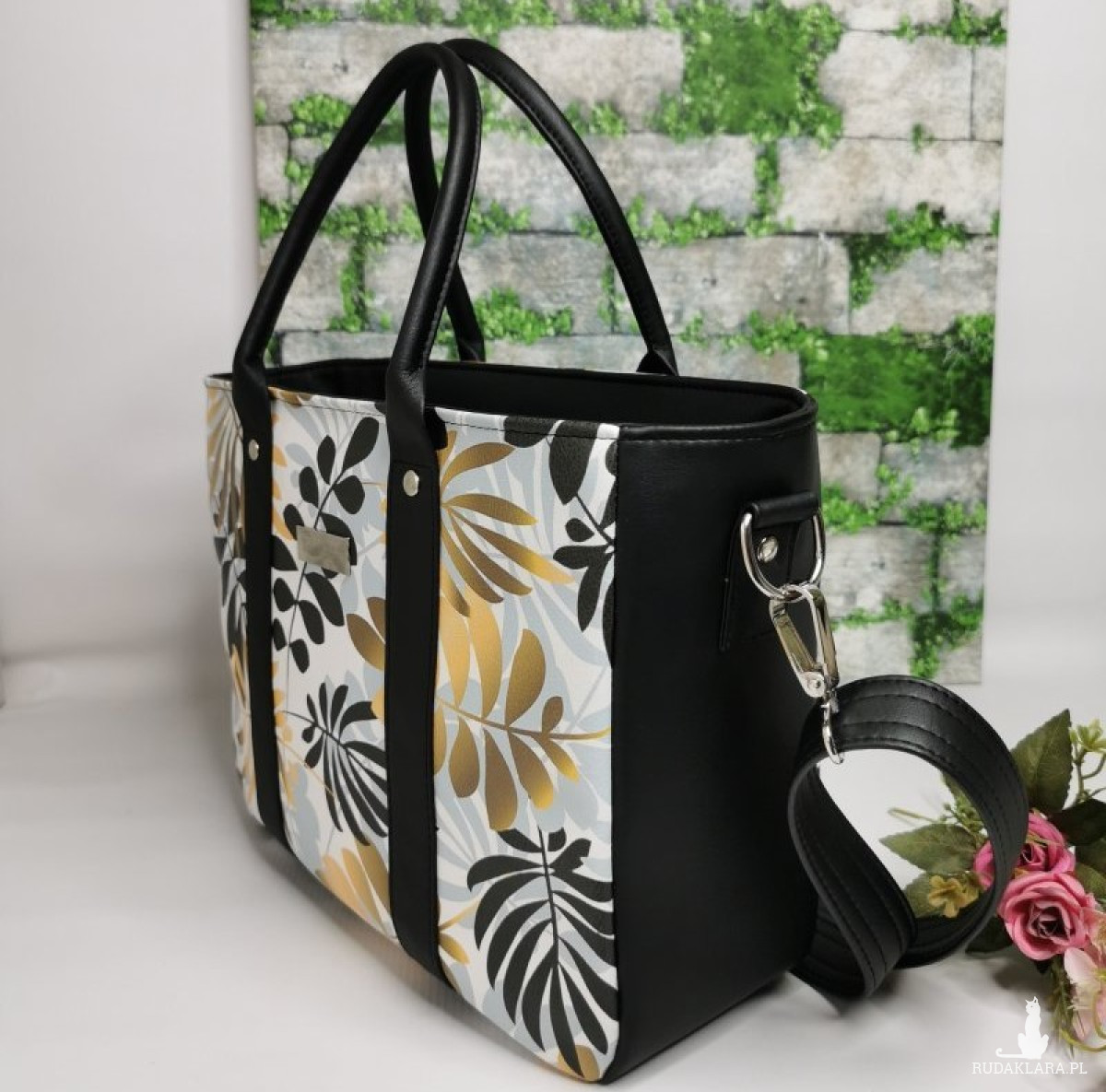 Torebka damska Sara na ramię shopper - ekoskóra złote liście