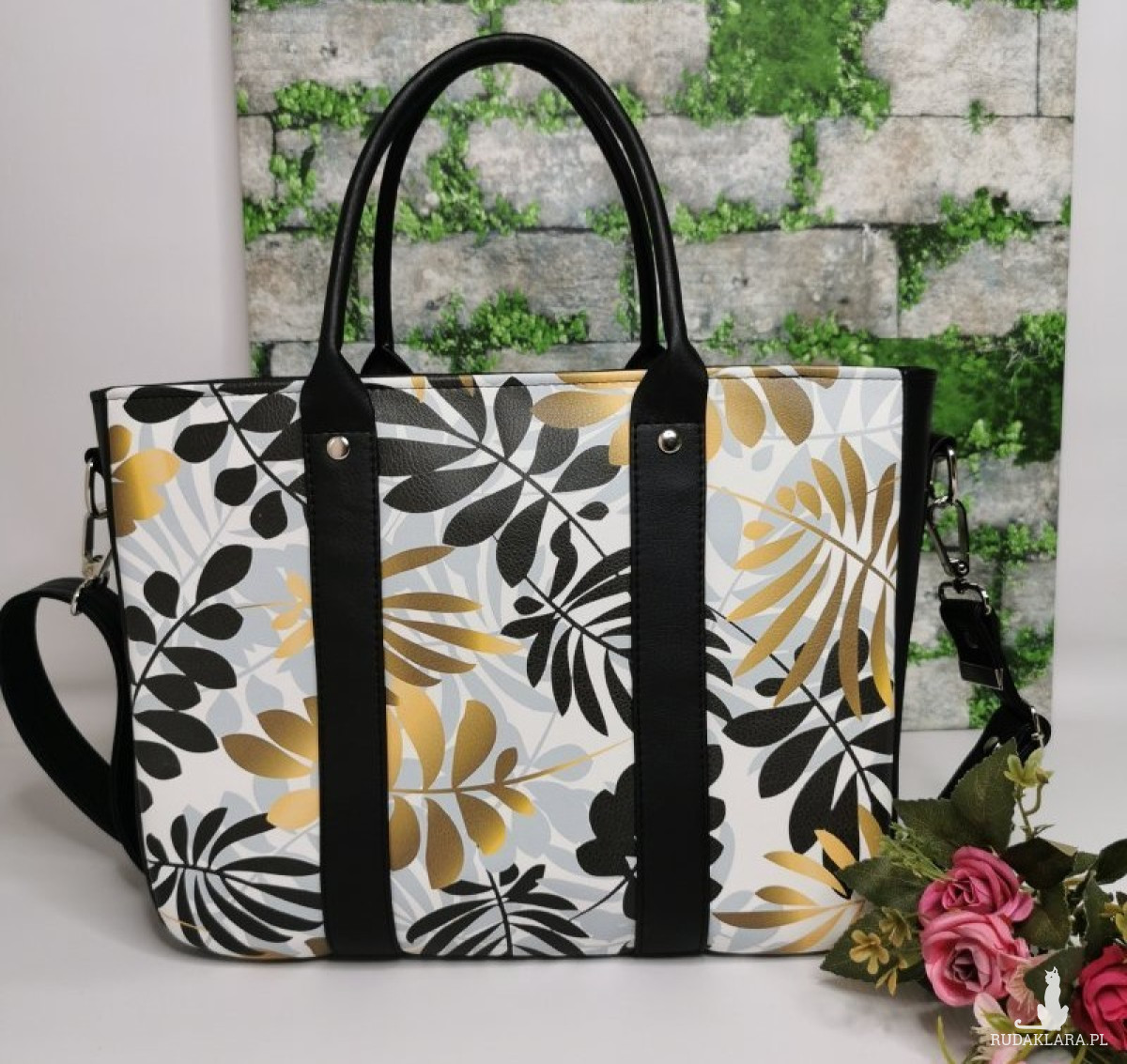 Torebka damska Sara na ramię shopper - ekoskóra złote liście