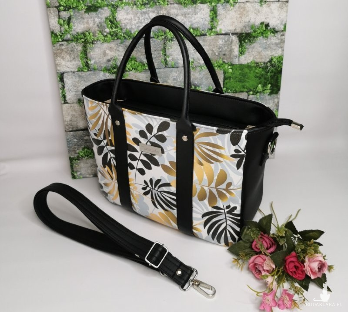 Torebka damska Sara na ramię shopper - ekoskóra złote liście