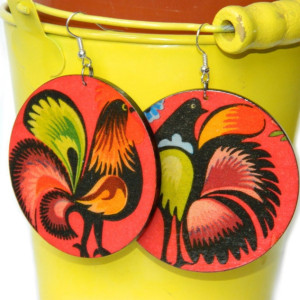 Kolczyki z kogutami, łowicki wzór ludowy, biżuteria boho etno, łowickie wycinanki, duże kolczyki koła czerwone kolorowe
