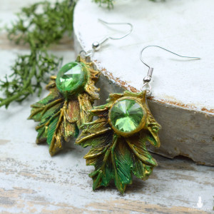 Kolczyki liście - żłoto zielono z kryształami