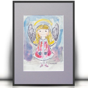 obraz z aniołkiem, aniołek obraz A4, ręcznie malowany obraz, aniołek rysunek, komunia prezent, prezent na komunię, chrzest prezent, prezent na chrzest, aniołek dla dziecka