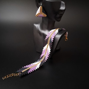 Zestaw biżuterii - Bransoletka i geometryczne kolczyki na sztyfcie w odcieniach fioletu