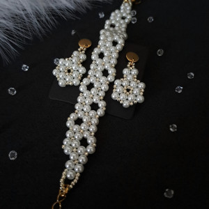 Perłowy Zestaw Biżuterii Ślubnej - Bransoletka i Kolczyki