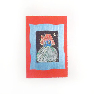 czerwona kartka świąteczna, bajkowa kartka z domkiem,  Boże Narodzenie kartki ręcznie rysowane, domek kartka bez życzeń, noworoczne kartki, kartka z domem, kartki dla dzieci, kartki na Święta