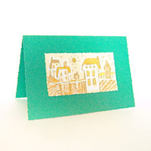 zielona kartka świąteczna, Boże Narodzenie kartki ręcznie rysowane, kartki na Boże Narodzenie, zima kartka, kartka z miastem, kartka z domami, domy kartka, domki kartka, kartki bez życzeń