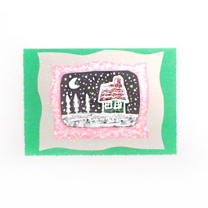 Boże Narodzenie kartki z zimą, zielona kartka świąteczna, chatka kartka na Nowy Rok, ręcznie rysowana kartka z domkiem, rustykalne kartki na Święta, zimowe kartki świąteczne noworoczne