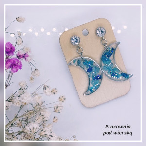 Kolczyki wiszące kosmos księżyc lunula stal cyrkonia niebieskie płatki kwiatów