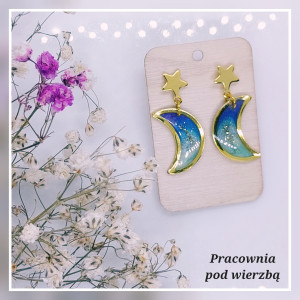 Kolczyki wiszące kosmos księżyc gwiazda lunula stal ręcznie malowane