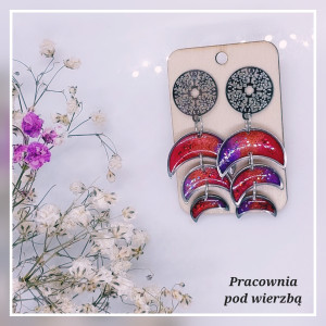 Kolczyki wiszące kosmos trzy księżyce lunula stal ręcznie malowane