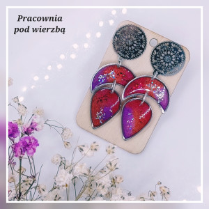 Kolczyki wiszące kosmos księżyc lunula stal ręcznie malowane brokat