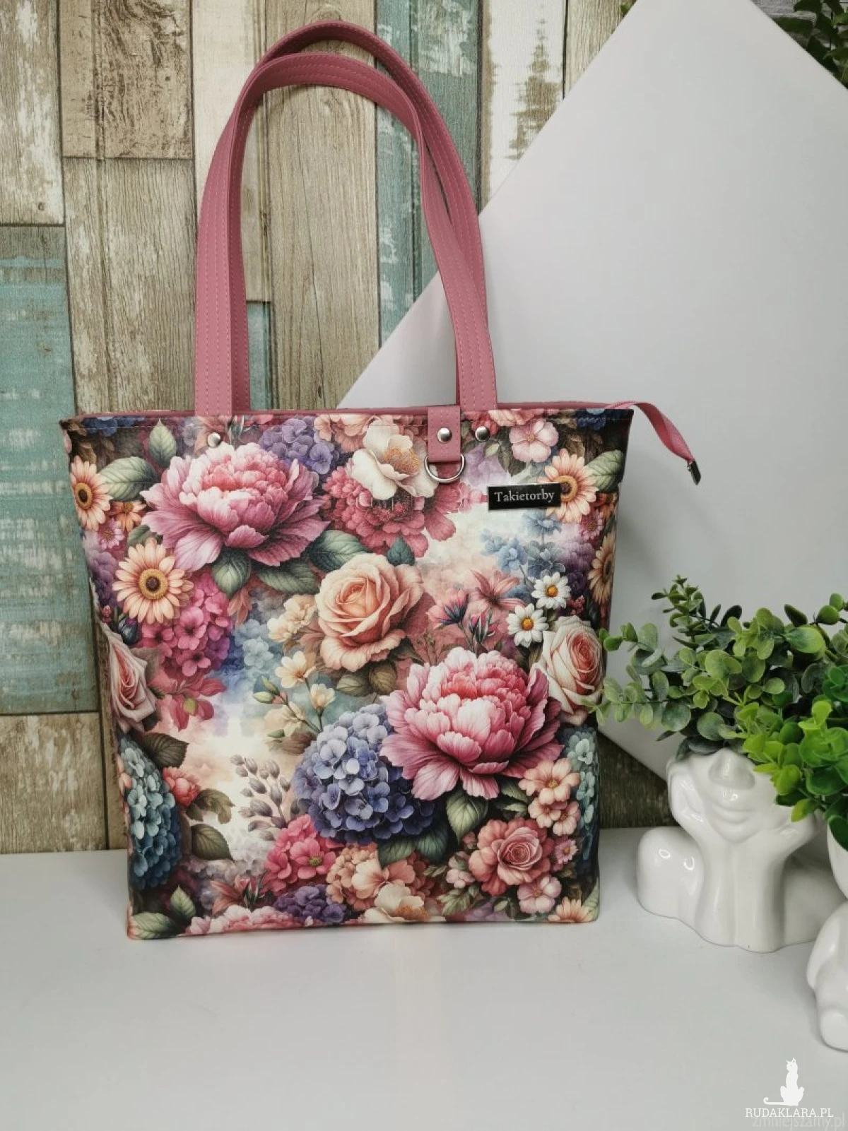 Torebka damska shopper bag torebka na ramię zamykana ekoskóra  - kwiaty