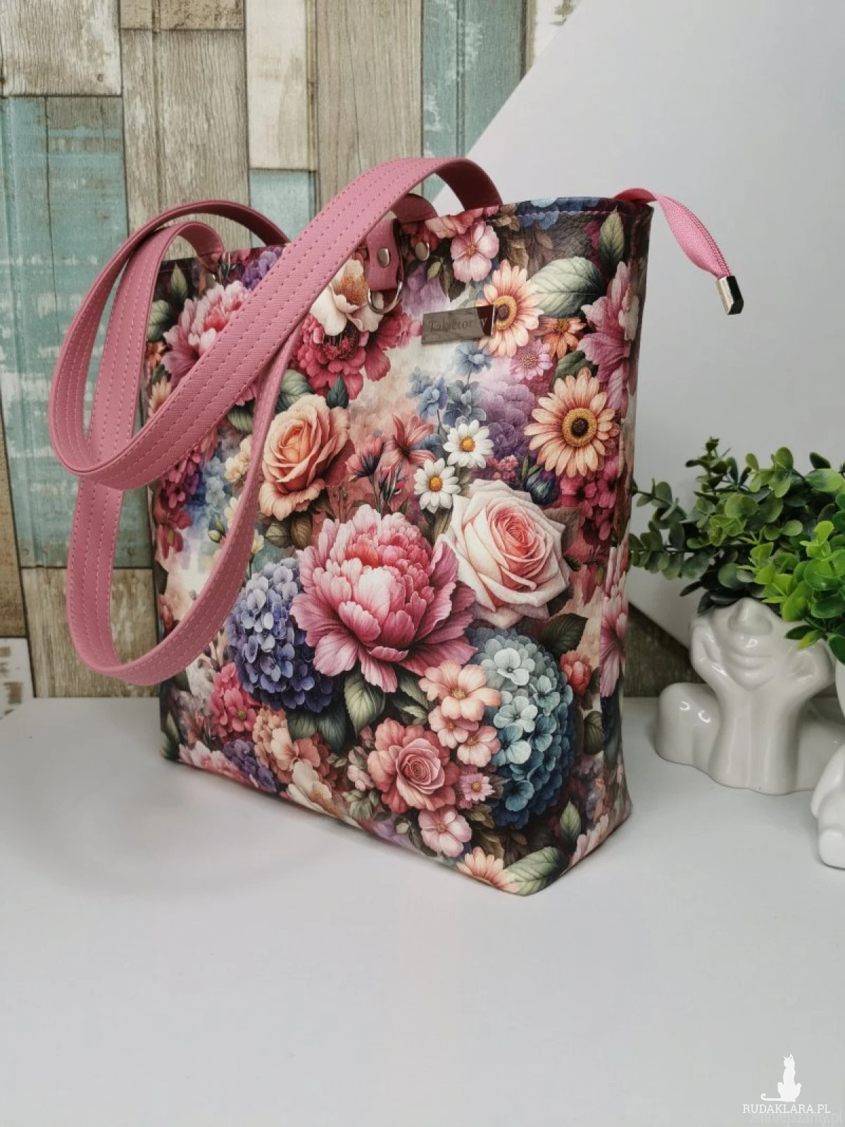 Torebka damska shopper bag torebka na ramię zamykana ekoskóra  - kwiaty