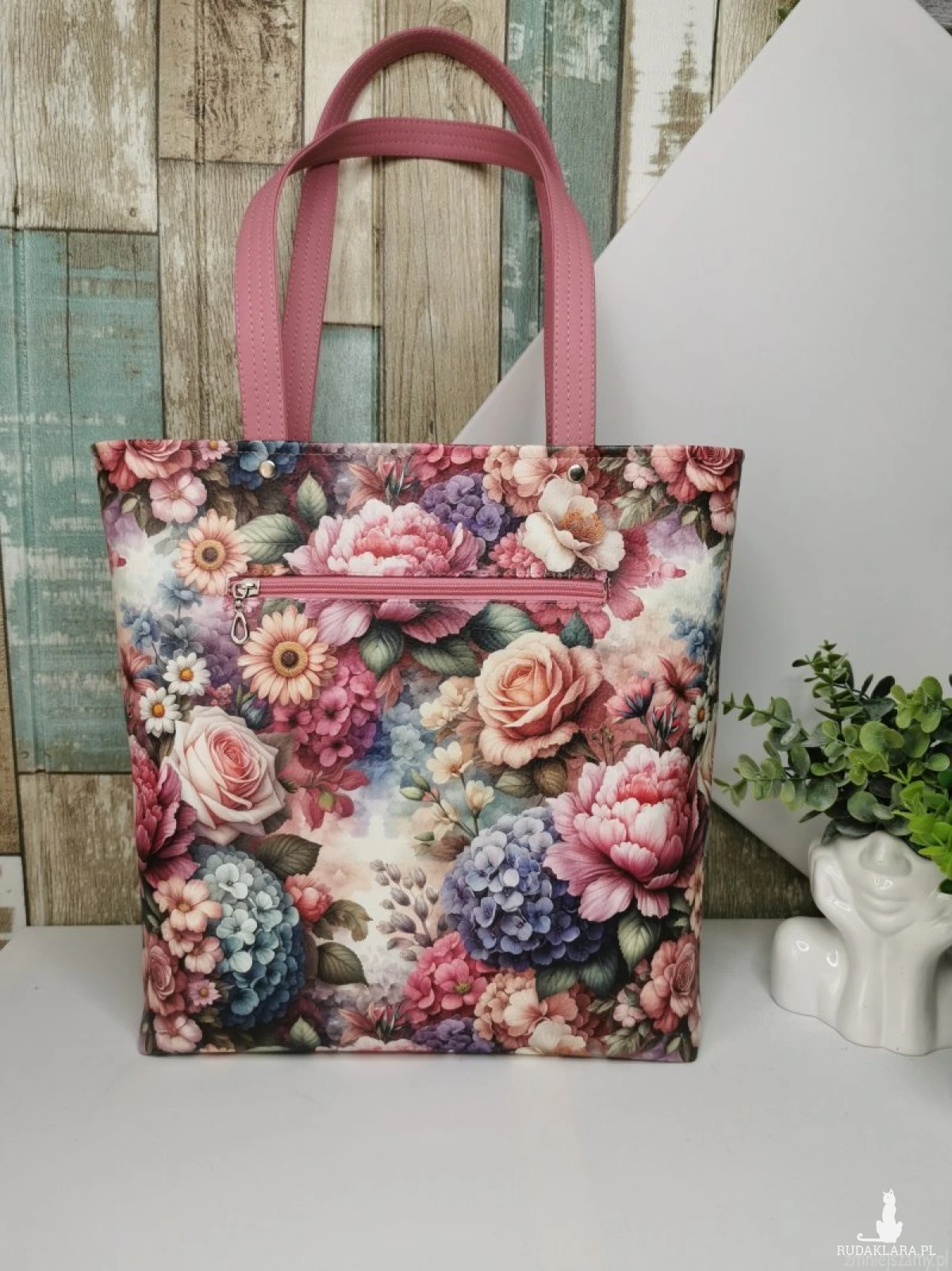 Torebka damska shopper bag torebka na ramię zamykana ekoskóra  - kwiaty