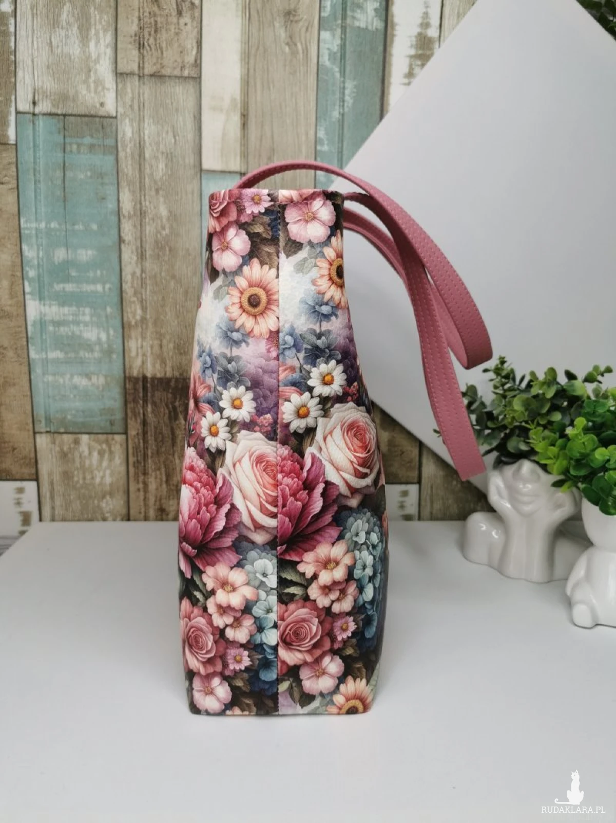 Torebka damska shopper bag torebka na ramię zamykana ekoskóra  - kwiaty