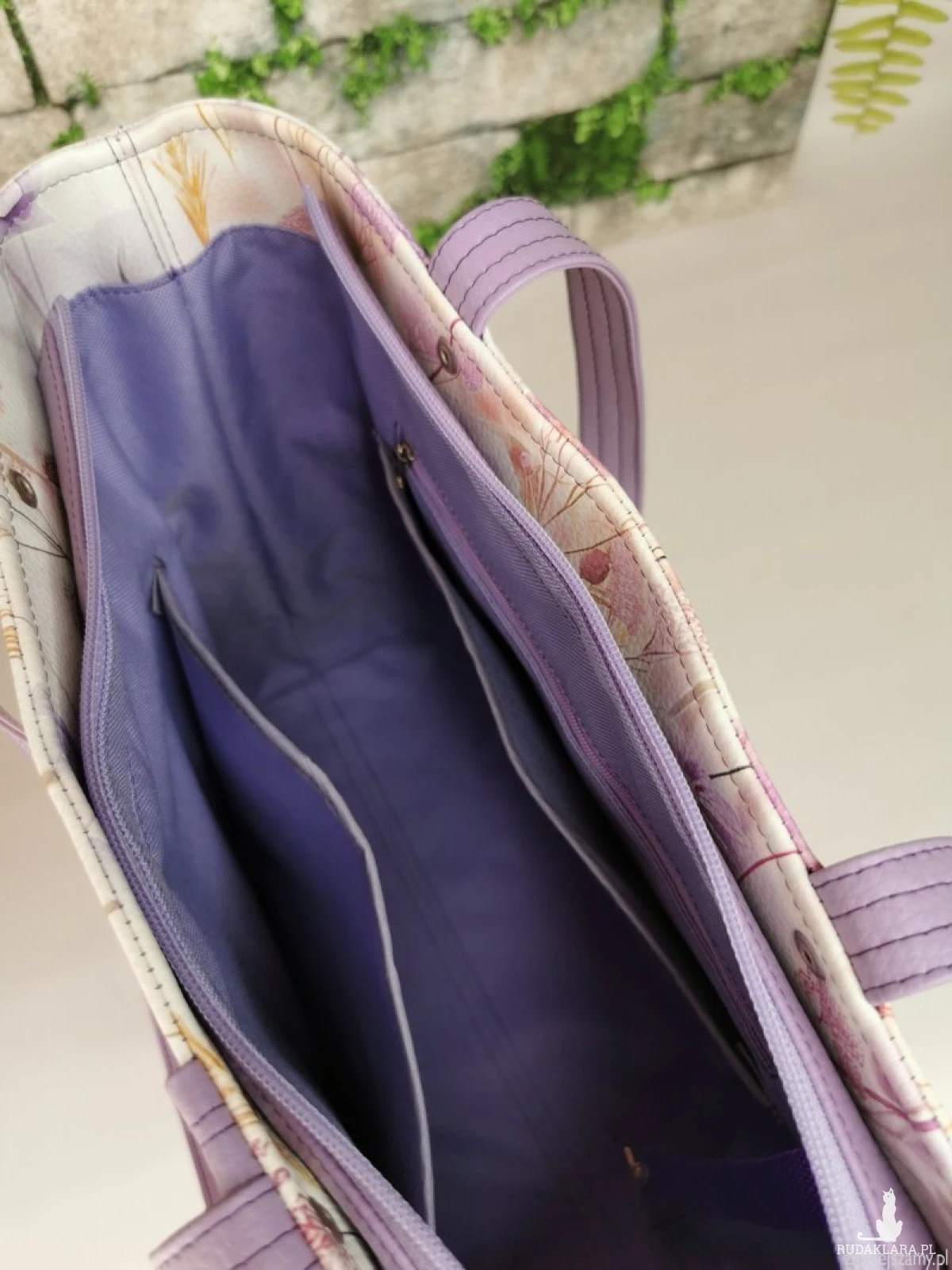 Torebka damska shopper bag torebka na ramię zamykana ekoskóra  - polne kwiaty