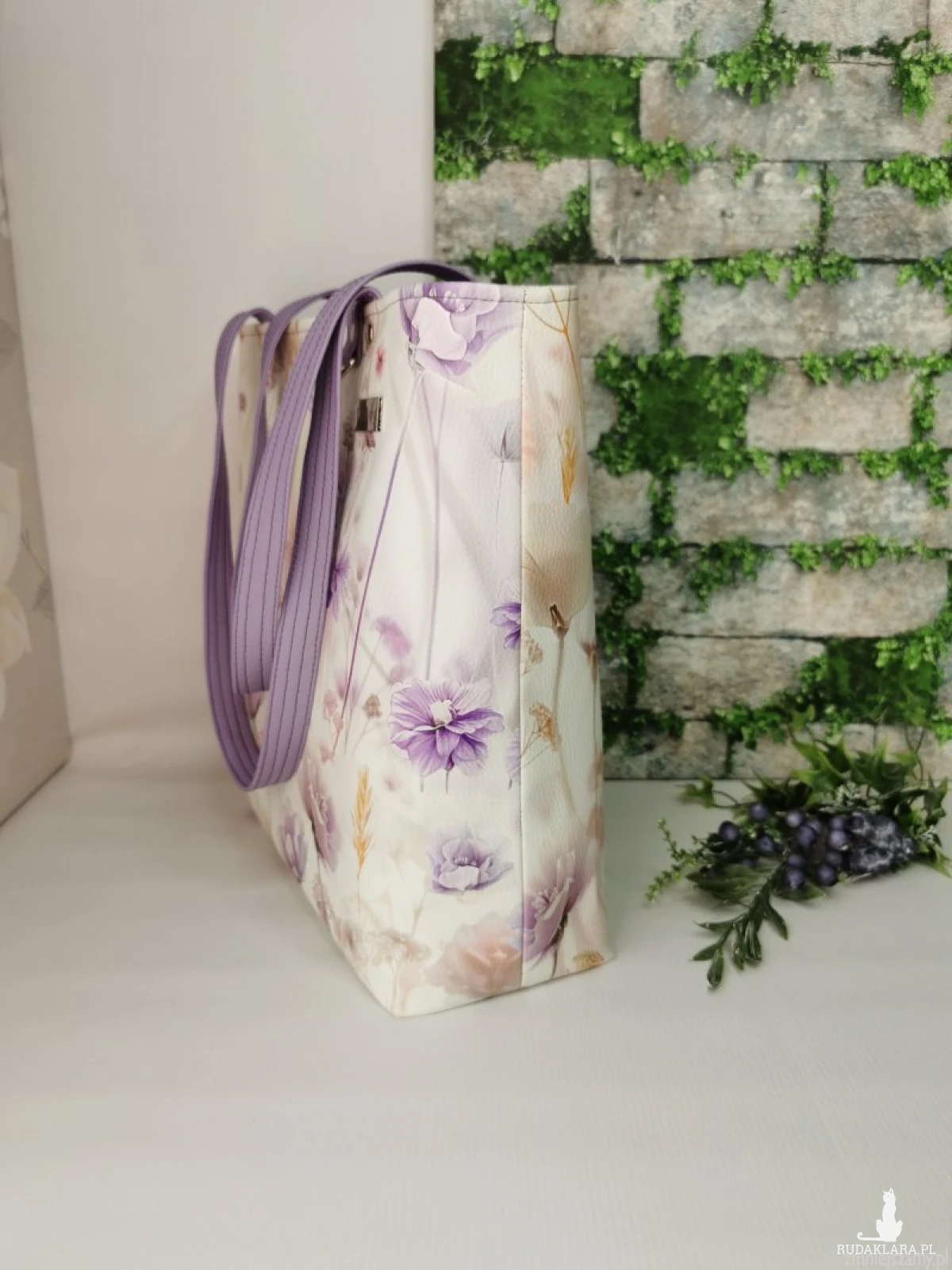 Torebka damska shopper bag torebka na ramię zamykana ekoskóra  - polne kwiaty