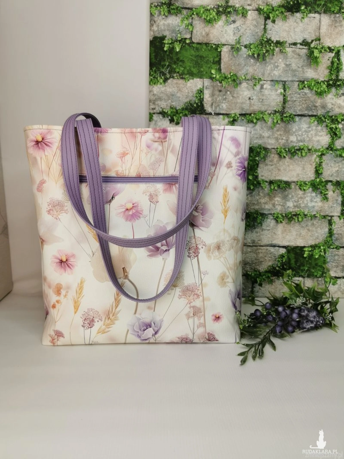 Torebka damska shopper bag torebka na ramię zamykana ekoskóra  - polne kwiaty