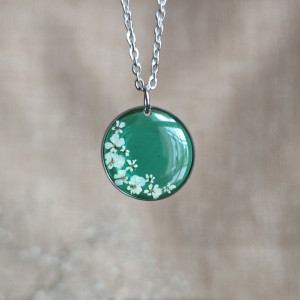 Srebrna zawieszka srebrny wisiorek kwiat naszyjnik żywica z żywicy suszone kwiaty z kwiatami naturalne kobieca dziewczęca zielona