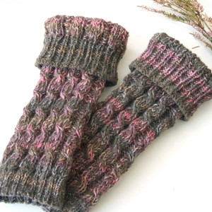 Długie getry, podkolanówki ręcznie robione, wełniane, brązowo-różowe